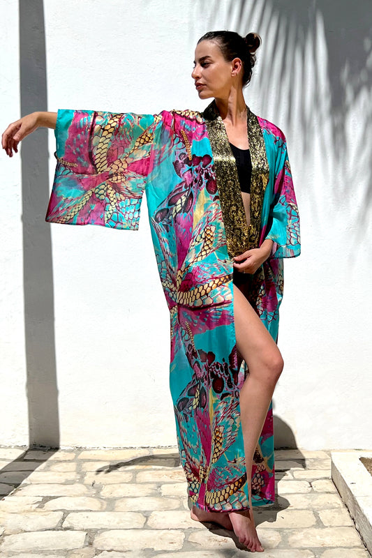 Pink Palms - Silk Printed Kimono